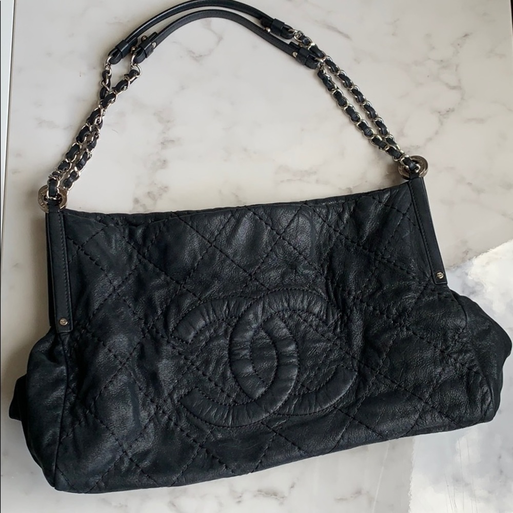 Chanel Purse Black and Shimmer Tone Silver Straps